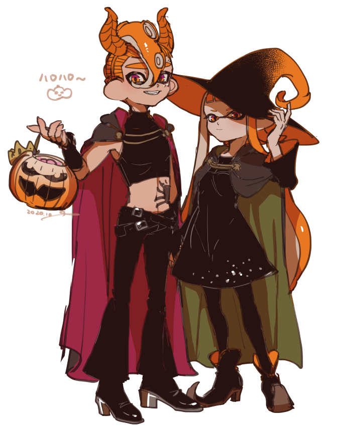 1boy 1girl agent_3_(splatoon) agent_8_(splatoon) black_cape black_dress black_footwear black_gloves black_headwear black_pants black_pantyhose black_shirt blunt_bangs boots brown_cape cape closed_mouth commentary dated demon_horns dress fake_horns fingerless_gloves gloves grin halloween halloween_bucket halloween_costume hat holding horns inkling inkling_girl inkling_player_character light_frown long_hair long_sleeves medium_dress midriff mohawk navel nintendo octoling octoling_boy octoling_player_character orange_eyes orange_hair orange_headwear orange_horns pants pantyhose pointy_ears pointy_footwear red_cape shirt short_hair side-by-side simple_background sleeveless sleeveless_shirt smile splatoon_(series) stomach_tattoo suction_cups tattoo translated two-sided_cape two-sided_fabric two-sided_headwear white_background witch_hat yeneny