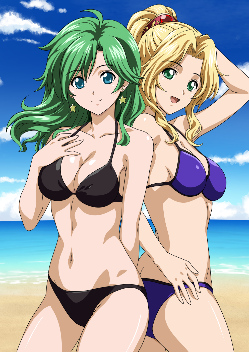 2girls back-to-back beach bikini black_bikini blonde_hair blue_bikini blue_eyes blue_sky breasts cleavage cloud cowboy_shot day earrings final_fantasy final_fantasy_iv green_hair hand_on_own_chest highres horizon jewelry long_hair medium_breasts multiple_girls ocean outdoors ponytail rosa_farrell rydia_(adult)_(ff4) rydia_(ff4) sky smile star_(symbol) star_earrings swimsuit yuuyuu_(3jjbn)