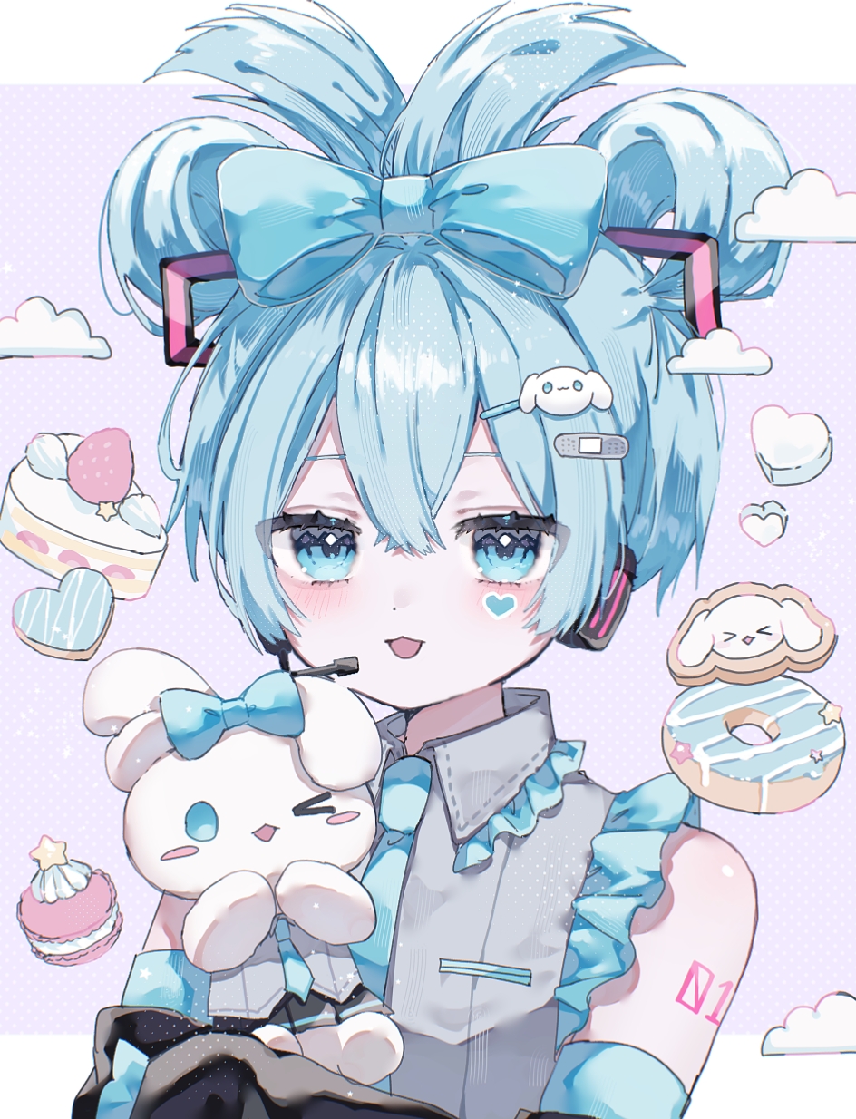 1girl bandaid bandaid_hair_ornament bare_shoulders black_sleeves blue_bow blue_eyes blue_hair blush bow cake cinnamiku cinnamoroll collared_shirt commentary cookie creature crossed_bangs detached_sleeves donut fingernails folded_twintails food frilled_shirt frills fuwa_fuwa_cinnamoroll grey_shirt hair_bow hair_ornament hair_rings hairclip hatsune_miku headset heart heart-shaped_cookie heart-shaped_food heart_sticker highres hiro_0607 holding holding_creature long_sleeves looking_at_viewer macaron number_tattoo open_mouth sanrio shirt shoulder_tattoo sleeveless sleeveless_shirt sleeves_past_fingers sleeves_past_wrists solo sticker_on_face strawberry_cake tattoo updo upper_body vocaloid