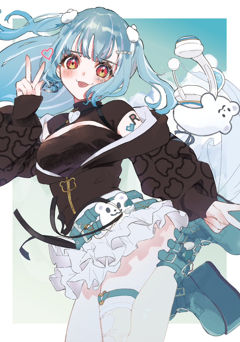 1girl :3 aqua_belt aqua_boots black_jacket black_shirt blue_hair blush boots border bossun_(laetus) cleavage_cutout clothing_cutout commentary creature double_v earrings facial_mark frilled_skirt frills headphones heart heart_earrings heart_o-ring jacket jewelry jumping long_sleeves miniskirt multicolored_hair o-ring o-ring_thigh_strap off_shoulder outside_border platform_boots puffy_long_sleeves puffy_sleeves red_eyes shiranami_ramune shiranami_ramune_(3rd_costume) shirt shoulder_tattoo single_earring single_thighhigh skirt solo streaked_hair tattoo thigh_strap thighhighs tongue tongue_out turtleneck two_side_up v virtual_youtuber vspo! white_border white_skirt white_thighhighs