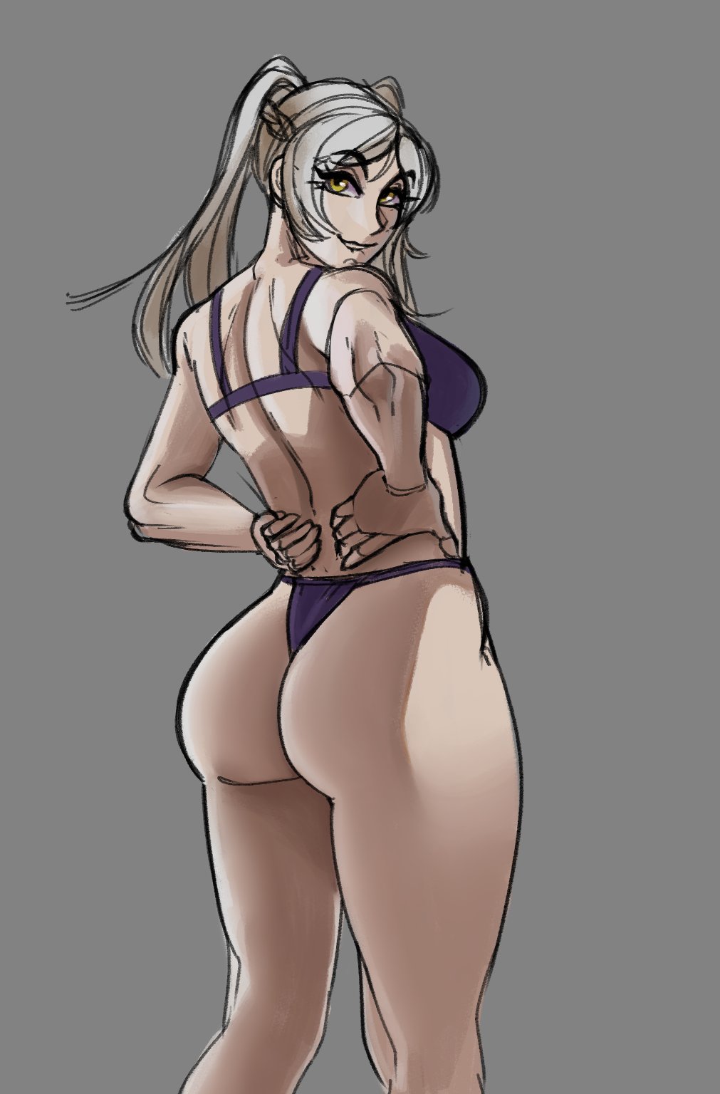 1girl 2024 ass back bikini biting_own_lip blue_bikini breasts commentary desn english_commentary feet_out_of_frame female_focus fire_emblem fire_emblem_awakening from_behind grey_background grey_hair hands_on_own_hips highres huge_ass looking_at_viewer medium_breasts nintendo robin_(female)_(fire_emblem) robin_(fire_emblem) shadow side-tie_bikini_bottom sideboob solo standing swimsuit thick_thighs thighs twintails underwear yellow_eyes