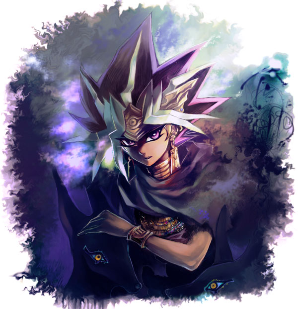 1boy atem bracelet cape dog jewelry king male_focus neck_ring niin pharaoh purple_eyes purple_hair solo yu-gi-oh! yuu-gi-ou yu-gi-oh!_duel_monsters
