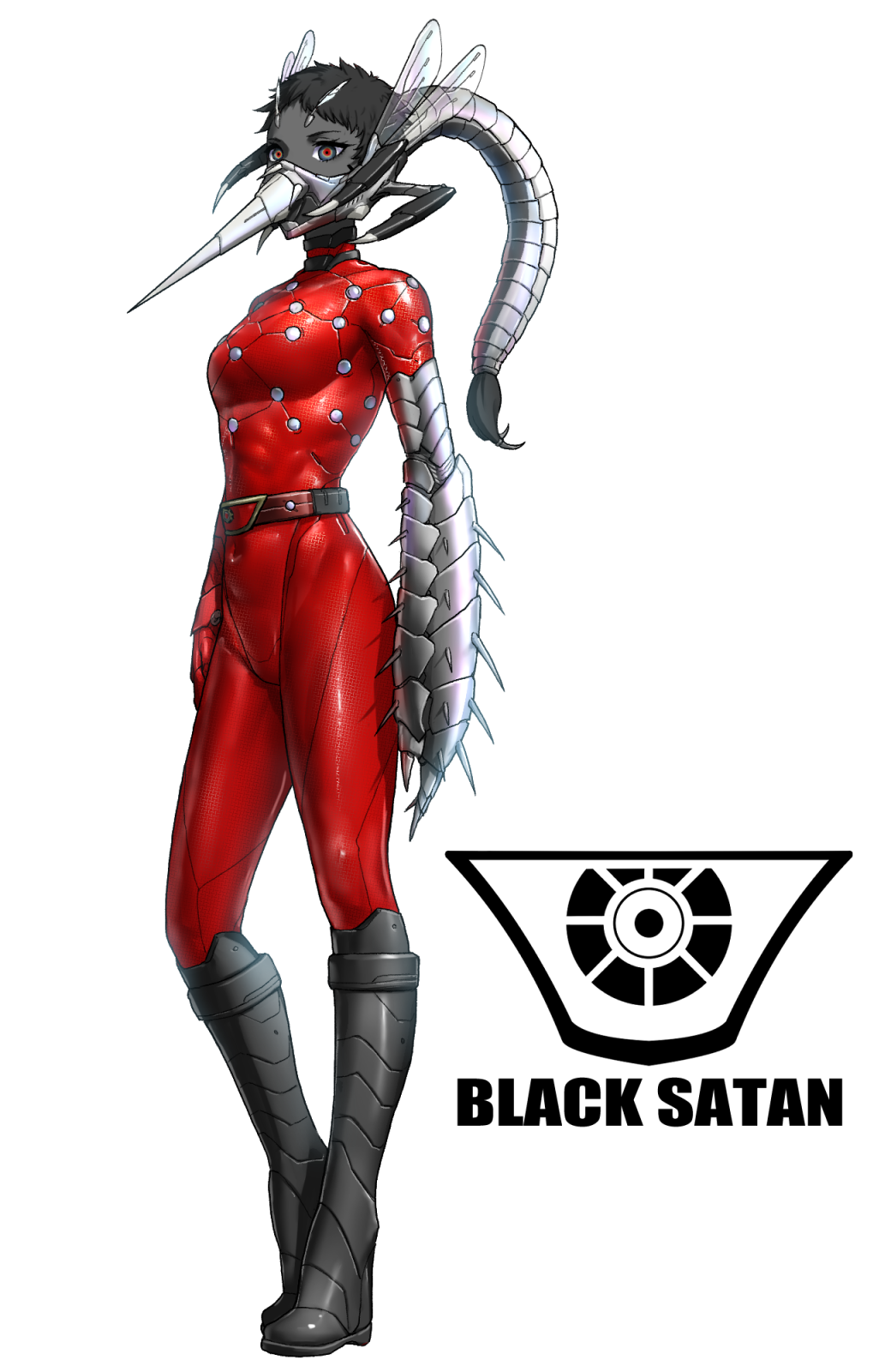 1girl arthropod_girl belt belt_buckle black_boots black_hair black_skin bodysuit boots buckle colored_skin commentary covered_navel cyborg eidenjyou1997 emblem english_commentary full_body genderswap genderswap_(mtf) head_wings highres insect_wings kamen_rider kamen_rider_stronger_(series) kikkaijin_bubunger knee_boots looking_at_viewer mechanical_arms monster_girl mosquito_girl multicolored_eyes ponytail proboscis red_bodysuit simple_background single_mechanical_arm solo standing white_background wings