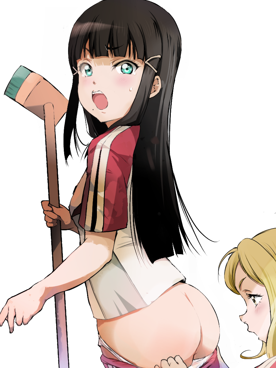 2girls angry aqua_eyes ass assisted_exposure black_hair blonde_hair blush butt_crack cleaning_brush clothes_pull gym_shirt gym_shorts hair_ornament hairclip highres kurosawa_dia long_hair love_live! love_live!_sunshine!! mole mole_under_mouth multiple_girls ohara_mari panties panty_pull sakura_chiru._7-gou shirt shorts shorts_pull sweatdrop underwear white_background white_panties yellow_eyes