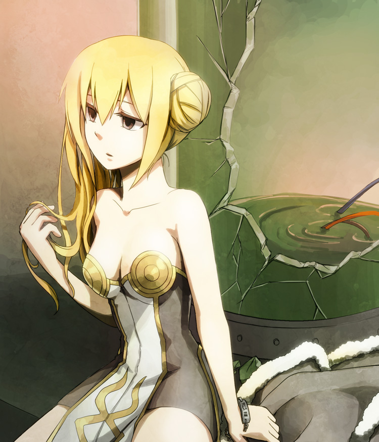 1girl arm_at_side asymmetrical_hair bare_shoulders bio_lab blonde_hair breasts broken_glass brown_cape brown_dress brown_eyes cape collarbone commentary_request cowboy_shot double_bun dress empty_eyes fur-trimmed_cape fur_trim glass hair_between_eyes hair_bun hair_undone high_wizard_(ragnarok_online) holding holding_own_hair kathryne_keyron long_hair looking_to_the_side medium_breasts natsuya_(kuttuki) open_mouth ragnarok_online short_dress sitting sleeveless sleeveless_dress solo strapless strapless_dress tube two-tone_dress unworn_cape white_dress wire wristband