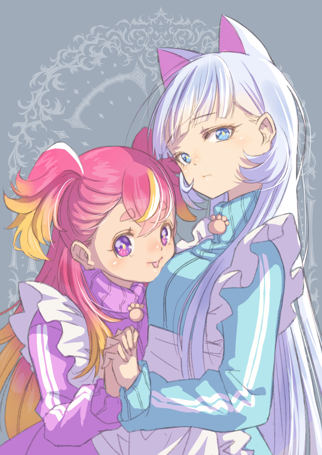 2girls :p blonde_hair blue_eyes commentary_request expressionless eyelashes gradient_hair happy highres holding_hands inukai_komugi jj_(ssspulse) long_hair looking_at_viewer multicolored_hair multiple_girls nekoyashiki_yuki pink_hair precure purple_eyes smile standing streaked_hair tongue tongue_out two-tone_hair white_hair wonderful_precure!