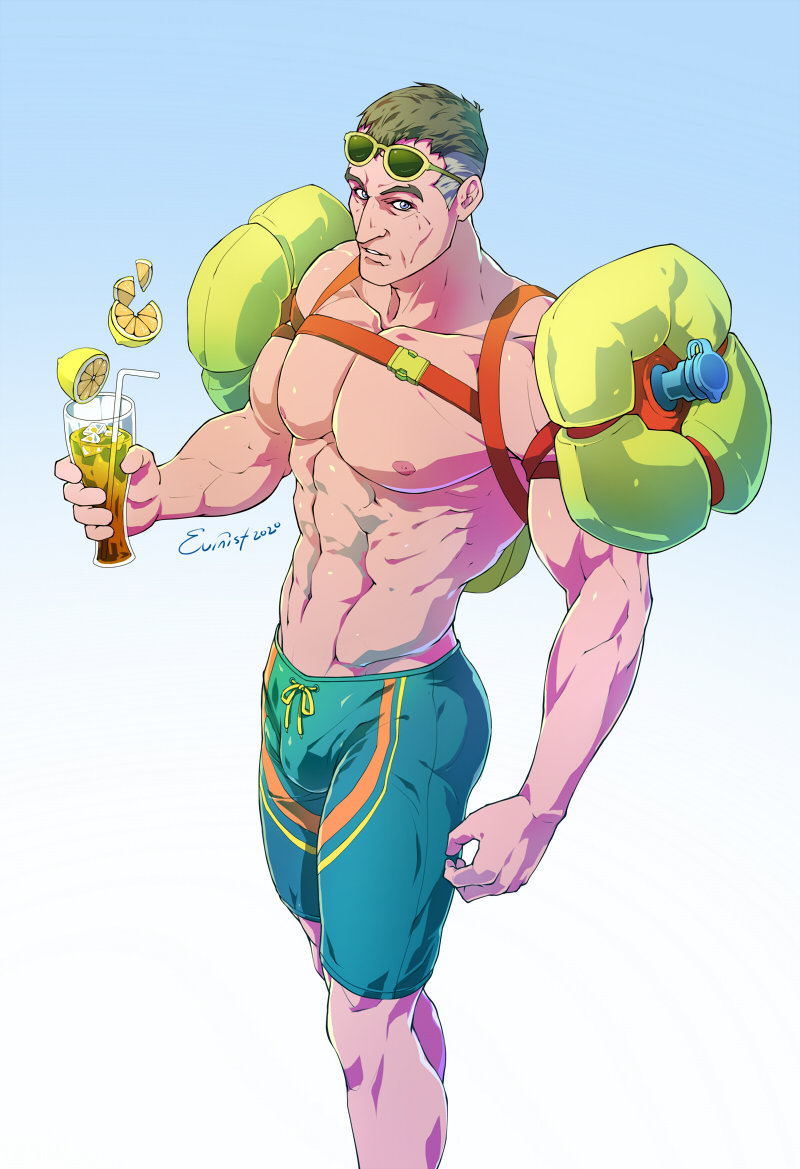 1boy abs aqua_male_swimwear artist_name bara cup drinking_straw evinist eyewear_on_head food fruit gradient_background grey_hair holding holding_cup innertube large_pectorals male_focus male_swimwear multicolored_hair muscular muscular_male navel nipples overwatch overwatch_1 pectorals short_hair sigma_(overwatch) simple_background solo sunglasses swim_ring topless_male two-tone_hair