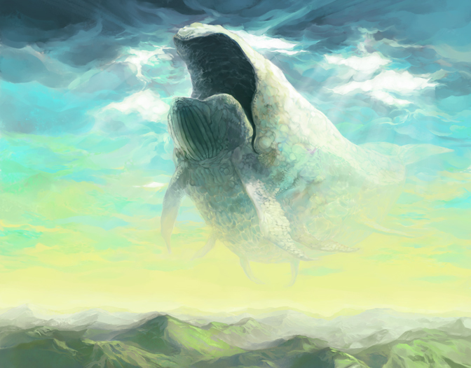 animal cetacean_tail cloud extra_arms fantasy fins fish_tail flying_animal flying_whale ludo-rathowm mountain mountainous_horizon no_humans open_mouth oversized_animal rance_(series) sky tail tomo4444 whale white_whale