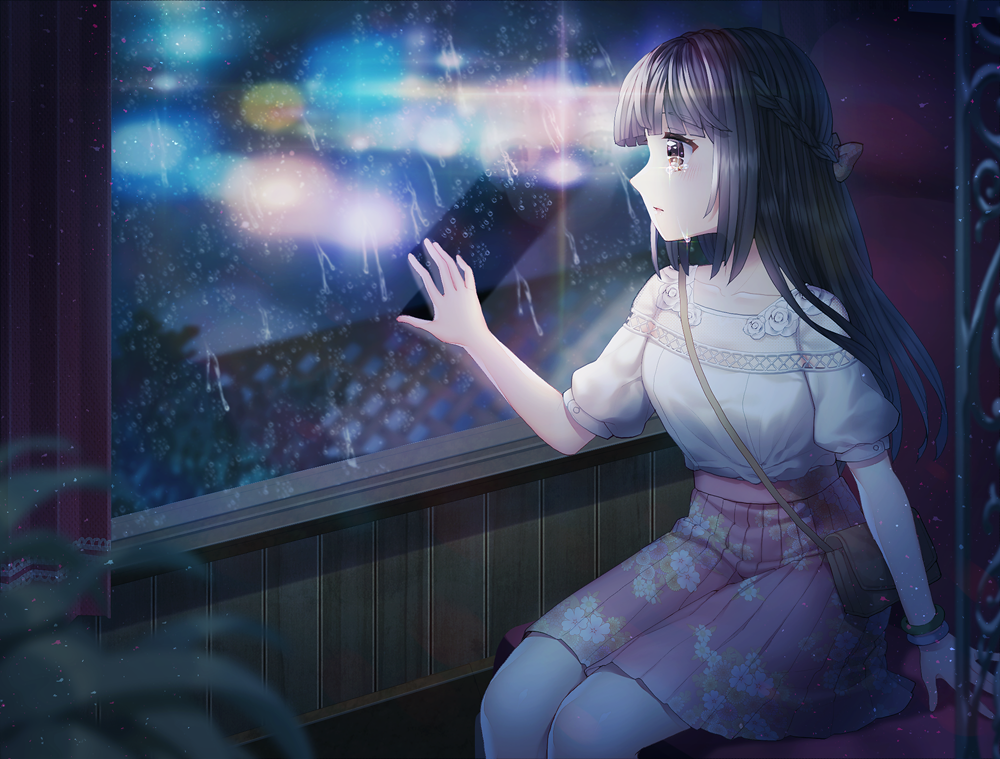 1girl bag black_hair blouse bracelet brown_eyes collarbone female_focus hair_ribbon handbag hime_cut jewelry night original pleated_skirt rain ribbon saban shirt short_hair skirt solo tears window