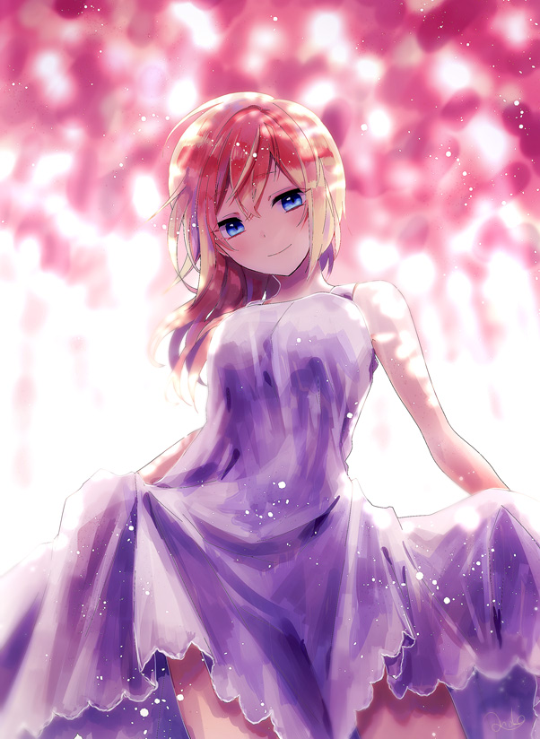 1girl anoko_(darenokoanoko) bare_shoulders blue_eyes blush breasts closed_mouth commentary_request dress kingdom_hearts kingdom_hearts:_chain_of_memories kingdom_hearts_ii long_hair looking_at_viewer medium_breasts namine skirt_hold sleeveless sleeveless_dress smile solo swept_bangs white_dress