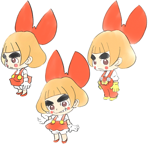 1girl blush bow brown_hair child gloves hair_bow lowres lulu_(warioware) multiple_views nintendo official_art overalls red_bow red_overalls short_hair smirk takeuchi_kou third-party_source warioware warioware:_get_it_together! white_gloves yellow_gloves