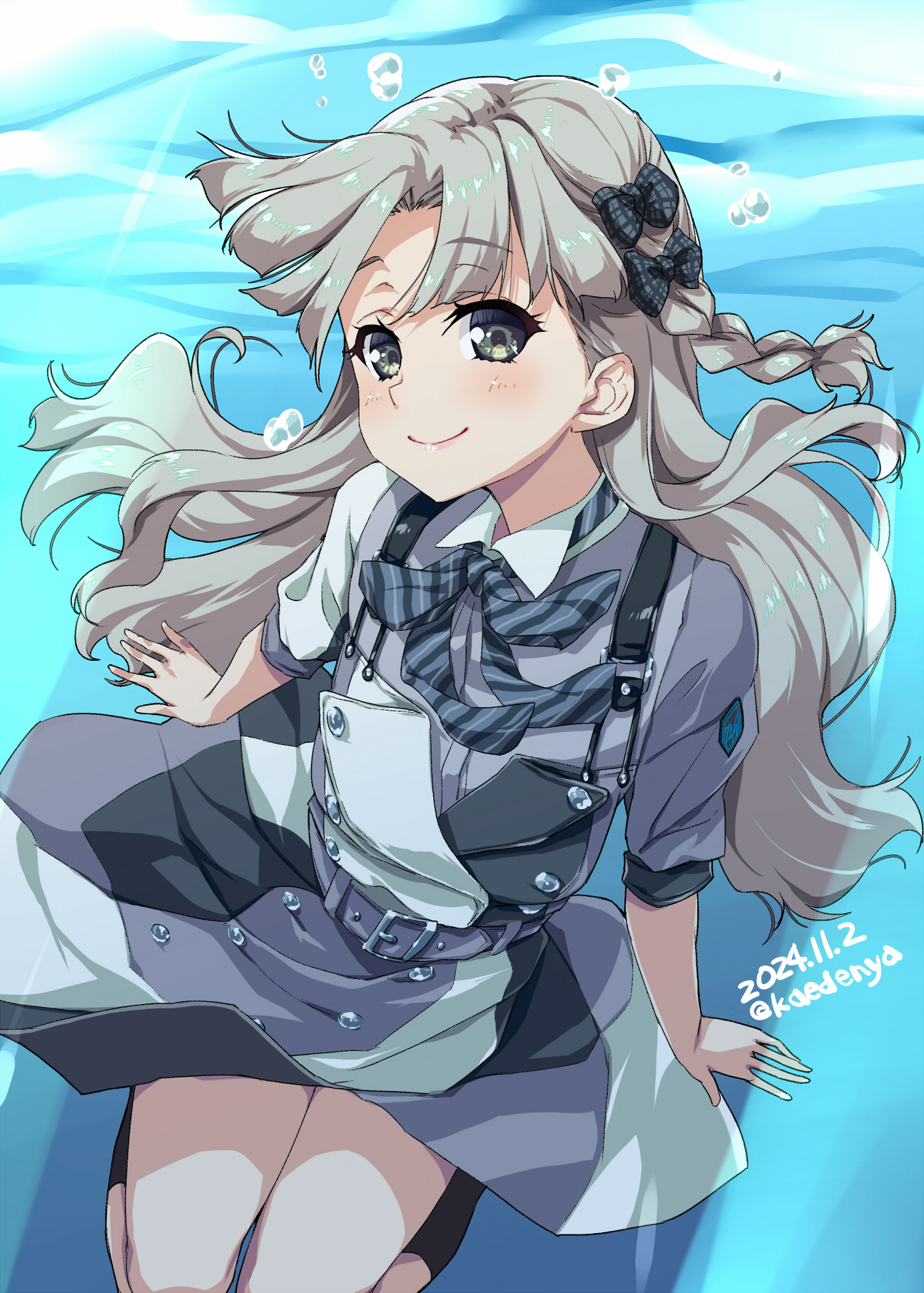 1girl 22/7 air_bubble artist_name black_bow black_socks bow braid bubble closed_mouth dated diagonal-striped_bow dress grey_eyes grey_hair hair_bow highres kisairo_kaede long_hair looking_at_viewer multicolored_dress nagamine_kaede neck_ribbon parted_bangs plaid_bow ribbon side_braid single_braid smile socks solo underwater wavy_hair yes_to_no_no_aida_ni