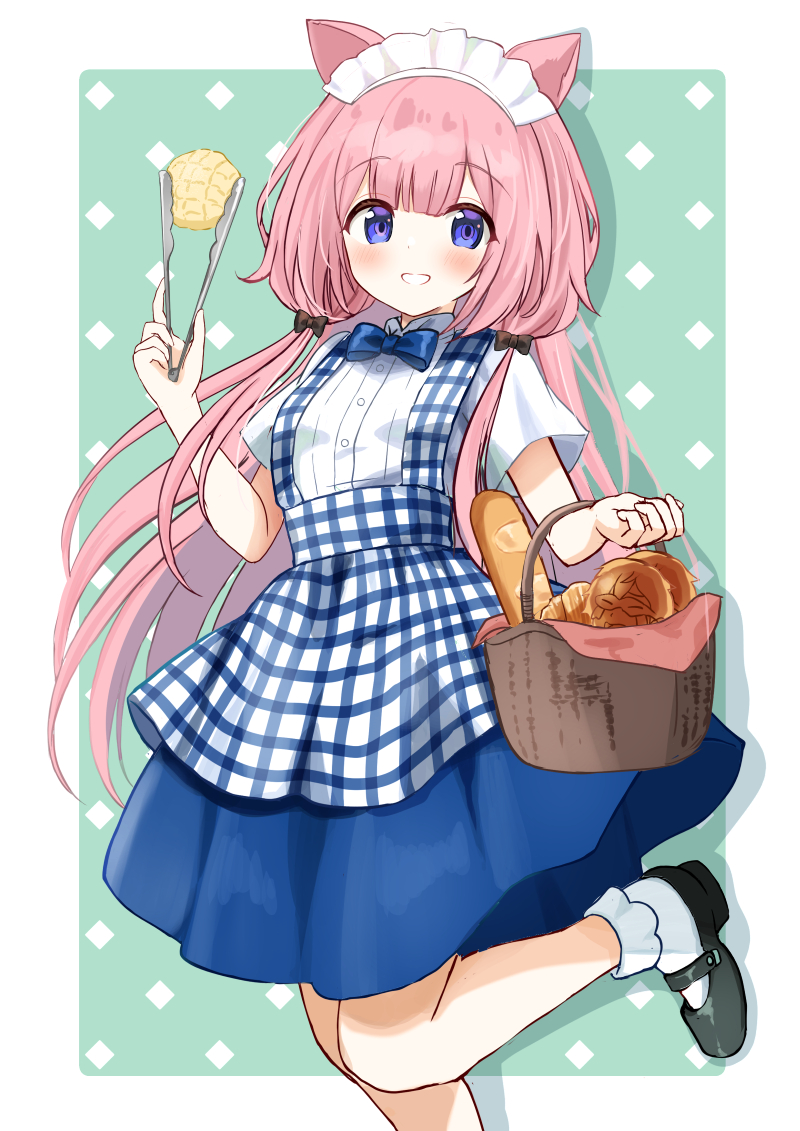1girl apron baguette basket black_bow black_shoes blue_bow blue_bowtie blue_eyes blue_skirt bobby_socks border bow bowtie bread breasts collared_shirt commentary_request drop_shadow feet_out_of_frame food gingham_apron green_background hair_bow holding long_hair looking_at_viewer motoi_ayumu nijisanji pink_hair shirt shoes short_sleeves skirt small_breasts smile socks solo standing standing_on_one_leg suo_sango tongs very_long_hair virtual_youtuber white_border white_shirt white_socks
