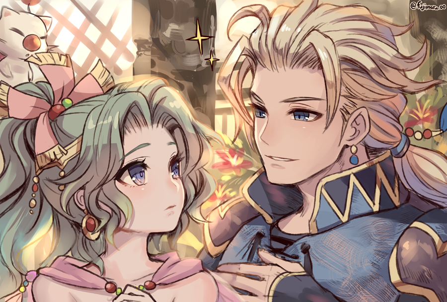 1boy 1girl bare_shoulders blue_eyes bow cape earrings edgar_roni_figaro eye_contact final_fantasy final_fantasy_vi flower fujimaru_(green_sparrow) green_hair hair_bow high_ponytail jewelry looking_at_another low_ponytail moogle ponytail spiked_hair tina_branford twitter_username upper_body