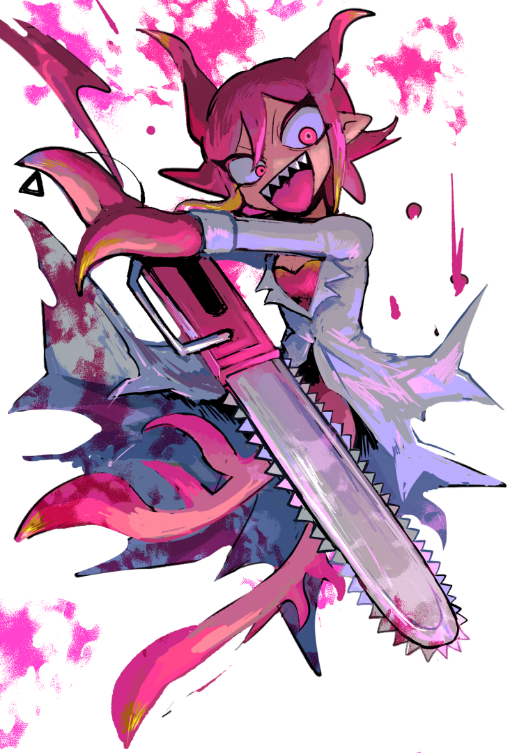1girl blonde_hair chainsaw g_tsurius holding holding_chainsaw lab_coat long_hair marina_(omori) omori pink_eyes pink_hair pointy_ears sharp_teeth simple_background solo teeth white_background
