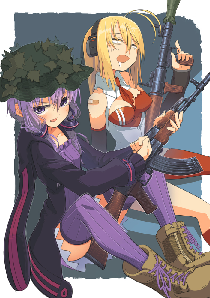 2girls akm animal_hood antenna_hair assault_rifle bags_under_eyes bandaid bandaid_on_arm bare_shoulders between_breasts black_hoodie blank_eyes blonde_hair blue_background blush boonie_hat boots border bracelet breasts brown_footwear cleavage cocking_gun collarbone collared_shirt commentary_request detached_sleeves dress drooling feet_out_of_frame furrowed_brow green_hat gun hand_up hat headphones holding holding_gun holding_rocket_launcher holding_weapon hood hood_down hoodie jewelry kalashnikov_rifle knees_apart_feet_together knees_up large_breasts long_hair long_sleeves looking_at_viewer looking_to_the_side medium_breasts multiple_girls necktie necktie_between_breasts open_clothes open_hoodie open_mouth open_shirt outside_border purple_dress purple_hair purple_thighhighs rabbit_hood raised_eyebrows red_shirt red_thighhighs rifle rocket_launcher rpg rpg-7 rpg_(weapon) samaru_(seiga) shirt short_dress short_hair_with_long_locks side-by-side sidelocks simple_background single_thighhigh sitting sleeveless sleeveless_shirt smile thighhighs torn_clothes torn_necktie trigger_discipline tsurumaki_maki undershirt v-shaped_eyebrows vocaloid voiceroid weapon white_border white_shirt yuzuki_yukari