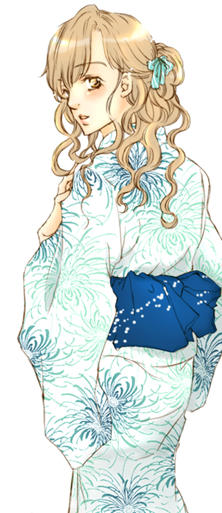 1girl blonde_hair blue_kimono blue_sash brown_eyes cowboy_shot floral_print floral_print_kimono japanese_clothes kaneko_botan kimono long_hair looking_at_viewer looking_back maria-sama_ga_miteru obi print_kimono sash solo toudou_shimako wavy_hair white_kimono