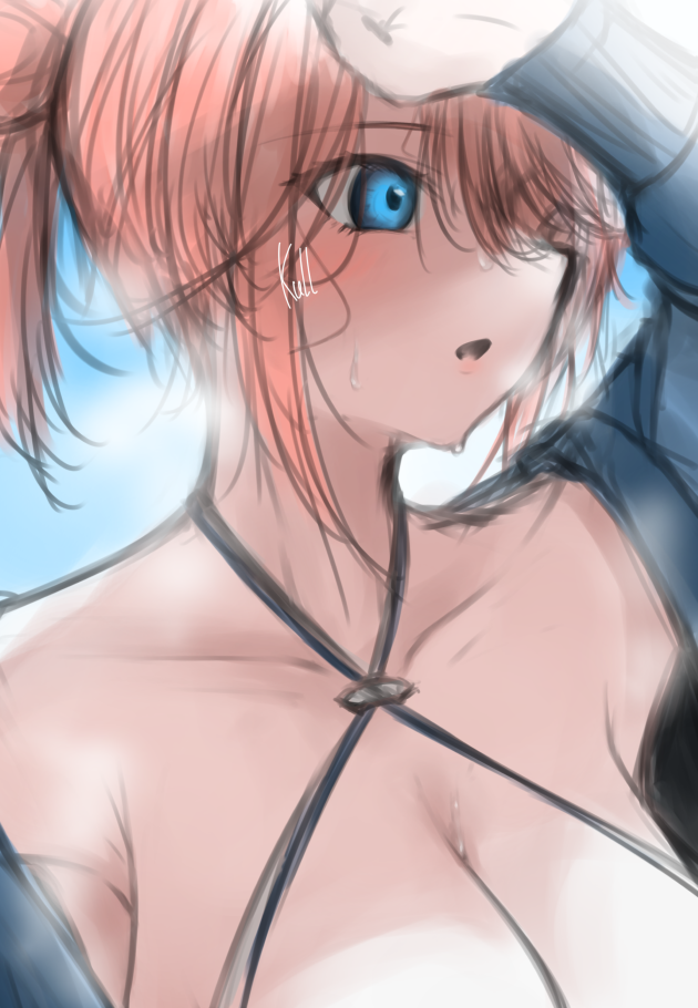 1girl azur_lane blue_eyes blue_jacket breasts cleavage collarbone gallant_(azur_lane) gallant_(express-ive_delivery)_(azur_lane) jacket large_breasts official_alternate_costume parted_lips pink_hair signature sketch solo sweat upper_body yurei_kull_1