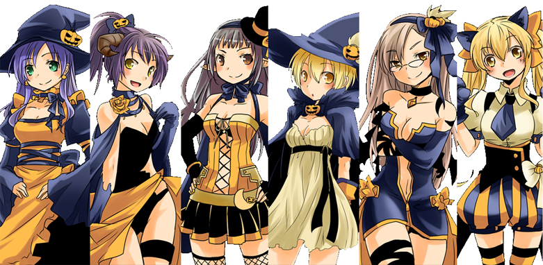 6+girls alternate_costume apron asymmetrical_hair black-framed_eyewear black_bow black_bowtie black_dress black_gloves black_hair black_headwear black_legwear black_leotard black_necktie black_skirt blonde_hair blossom_(ragnarok_online) bow bowtie breasts brooch brown_dress brown_eyes brown_hair brown_shirt choker cleavage cleavage_cutout closed_mouth clothing_cutout collared_shirt column_lineup commentary_request cowboy_shot crescent crescent_pin cross-laced_clothes cross-laced_top curly_sue dress elbow_gloves fingerless_gloves fishnets frilled_apron frills gem glasses gloves green_eyes hair_bow halloween hat high_ponytail horns jack-o&#039;-lantern_hat_ornament jasmine_(ragnarok_online) jewelry juliet_sleeves kiri_nada leilah_(ragnarok_online) leotard long_hair long_sleeves looking_at_viewer maid_apron medium_breasts medium_hair miniskirt multiple_girls necktie open_mouth orange_apron pavianne_(ragnarok_online) pleated_skirt ponytail puffy_short_sleeves puffy_sleeves purple_hair ragnarok_online roxie_(ragnarok_online) shirt short_dress short_hair short_sleeves simple_background skirt smile strapless strapless_dress strapless_shirt thighhighs twintails white_background witch witch_hat yellow_eyes