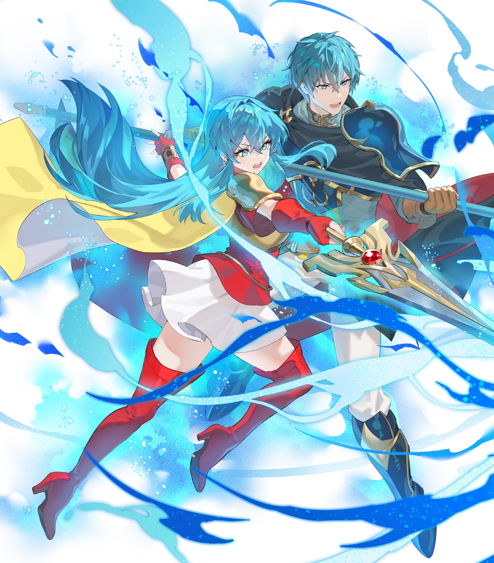 1girl aqua_eyes aqua_hair armor attack aura boots breastplate brother_and_sister cape eirika_(fire_emblem) ephraim_(fire_emblem) fingerless_gloves fire_emblem fire_emblem_engage fire_emblem_heroes gloves high_heel_boots high_heels highres holding holding_sword holding_weapon long_hair lunge multicolored_cape nintendo non-web_source official_art open_mouth polearm red_gloves shoulder_pads siblings skirt solo sword thigh_boots twins v-shaped_eyebrows weapon white_cape white_skirt yellow_cape