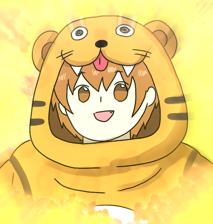 1girl animal_costume animal_hood animal_print brown_eyes brown_hair commentary_request dubieduba fang fate/grand_order fate_(series) hood jaguarman_(fate) open_mouth portrait short_hair smile solo tiger_costume tiger_print