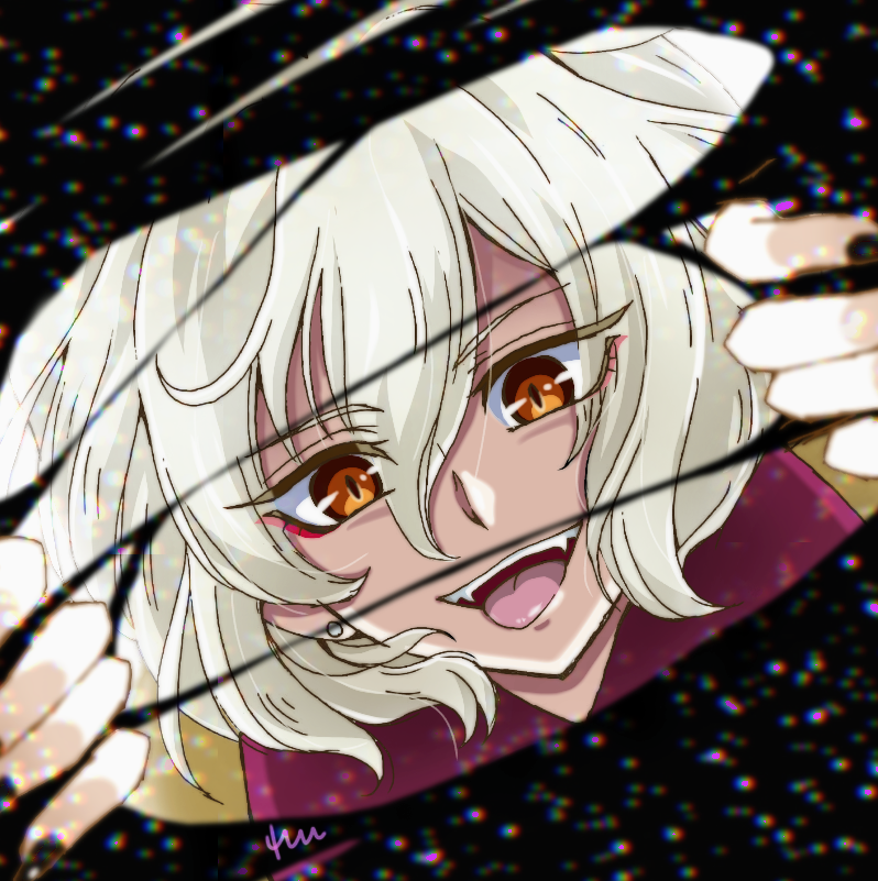 10s 1boy bicine_(precure) bishounen black_nails blurry bob_cut brown_eyes depth_of_field fingernails hugtto!_precure long_fingernails looking_at_viewer male_focus nail_polish official_style opening pov precure reira_(reomimi0211) smile solo tearing tongue tongue_out white_hair