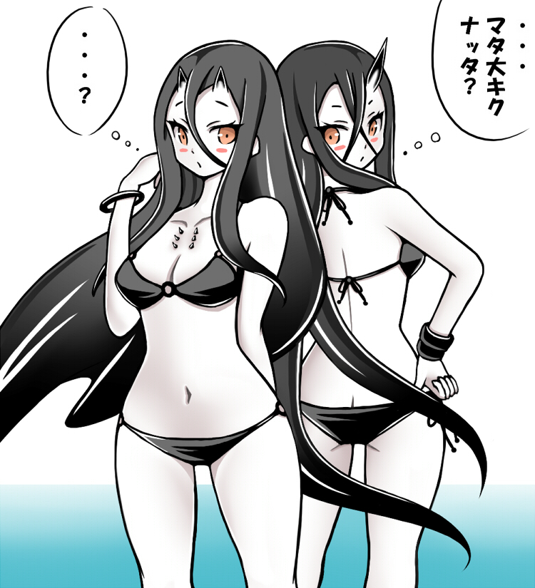 2girls abyssal_ship back-to-back battleship_princess battleship_water_oni bikini black_bikini black_hair blush_stickers bracelet colored_skin hair_between_eyes horns jewelry kantai_collection long_hair looking_back multiple_girls o-ring o-ring_bikini orange_eyes roshiakouji-chan side-tie_bikini_bottom single_horn speech_bubble spikes swimsuit thought_bubble translation_request very_long_hair white_skin