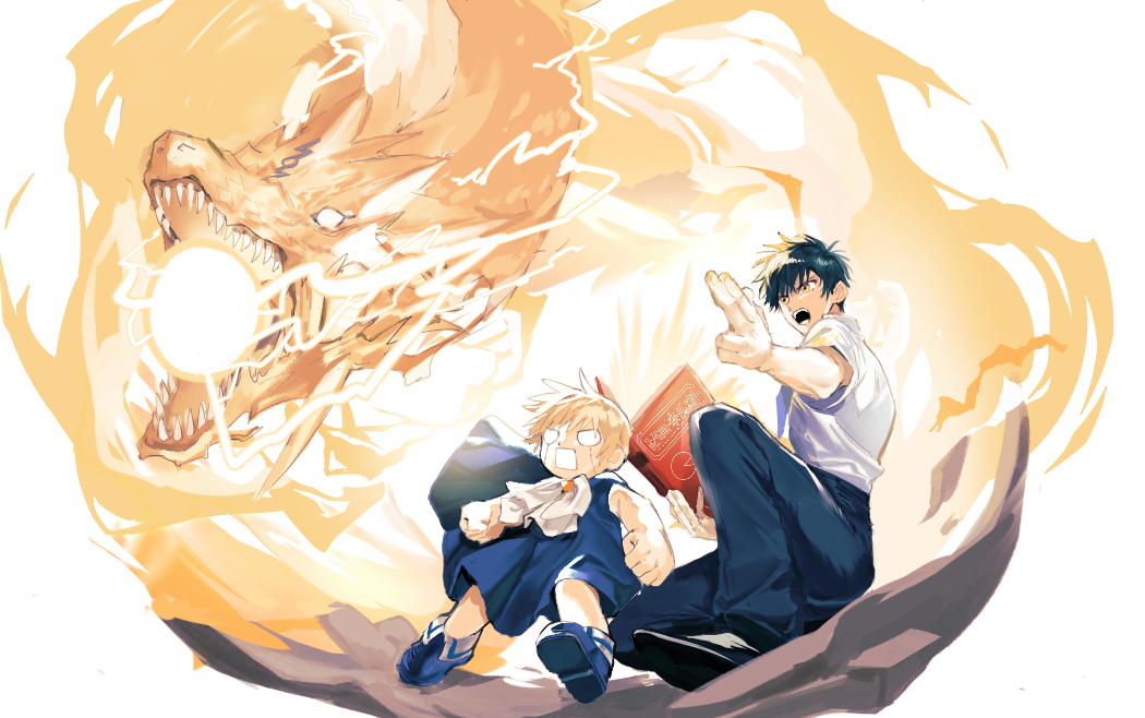 2boys ascot black_hair blonde_hair blue_cloak blue_footwear blue_necktie blue_pants book casting_spell clenched_hand cloak dragon eastern_dragon electricity finger_gun gash_bell holding holding_book konjiki_no_gash!! multiple_boys necktie open_mouth pants sharp_teeth shirt short_hair shouting ss_un17 takamine_kiyomaro teeth white_ascot white_background white_shirt