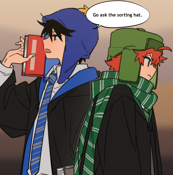 2boys ahoge black_eyes black_hair book chullo cloak collared_shirt craig_tucker english_text from_side fur_hat harry_potter_(series) hat hogwarts_school_uniform holding holding_book kyle_broflovski long_sleeves male_focus multiple_boys necktie open_mouth orange_hair ravenclaw scarf school_uniform shirt slytherin south_park striped_clothes striped_necktie striped_scarf ten_(lu2948d) ushanka wizarding_world