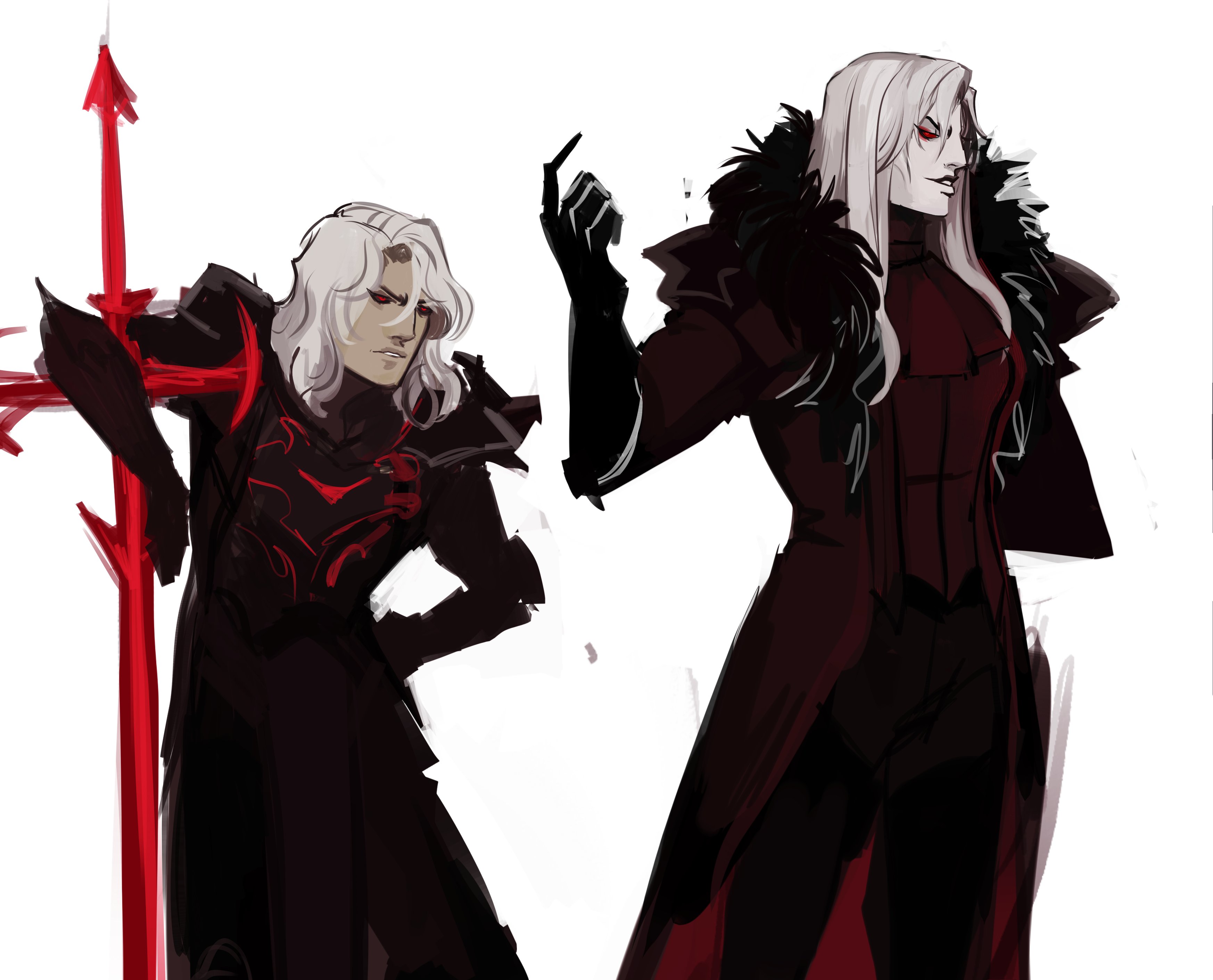 2boys absurdres alternate_costume armor black_armor black_gloves black_pants black_sclera coat colored_sclera devilatelier from_side gloves grey_background highres index_finger_raised league_of_legends long_hair long_sleeves looking_at_another male_focus medium_hair multiple_boys pale_skin pants planted planted_sword planted_weapon red_eyes simple_background sword teeth viego_(league_of_legends) vladimir_(league_of_legends) weapon