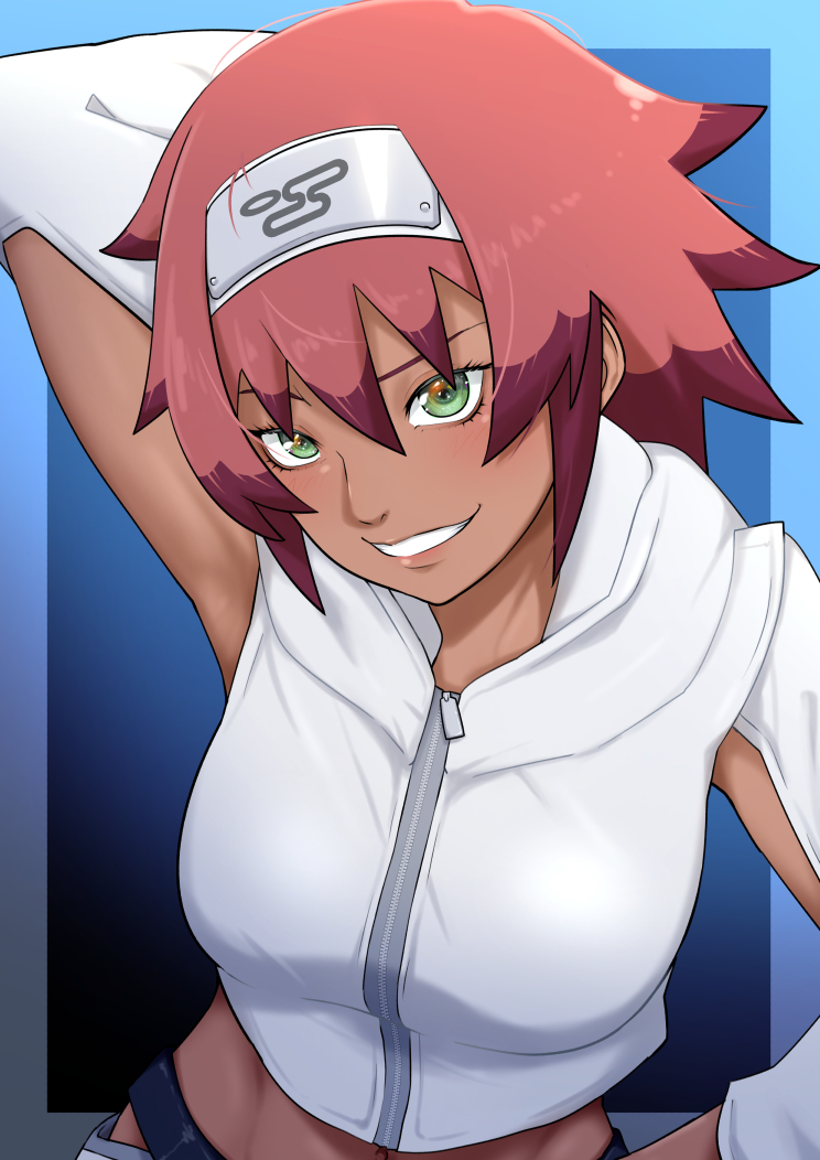 1girl aqua_border arm_behind_head armpits batta_(boruto) belt blue_border blurry blurry_background border boruto:_naruto_next_generations breasts cropped_jacket dark-skinned_female dark_skin eeshin_(eishin5584) eyelashes forehead_protector gradient_background gradient_border green_eyes grin hand_on_own_hip jacket kumogakure_symbol large_breasts lips looking_at_viewer medium_hair midriff multicolored_hair naruto_(series) navel outside_border parted_lips red_hair sidelocks smile solo spiked_hair streaked_hair toned toned_female white_jacket zipper zipper_pull_tab