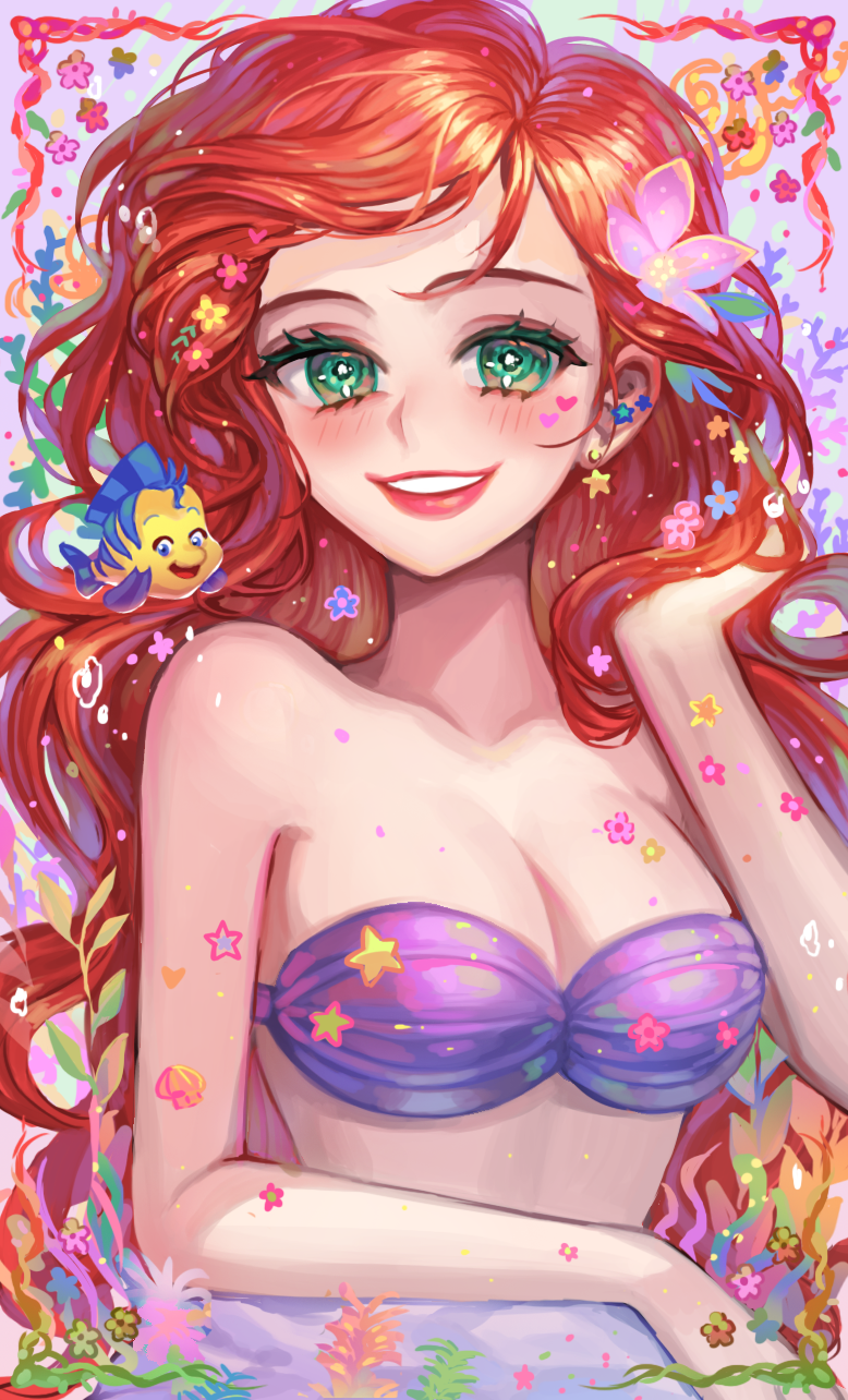 1girl air_bubble animal aqua_flower ariel_(disney) arm_support bare_arms bare_shoulders bikini breasts bubble cleavage colorful earrings eyelashes facepaint fish floating_hair flounder_(the_little_mermaid) flower green_eyes hair_flower hair_ornament hand_in_own_hair hand_up happy highres jewelry light_blush light_particles long_hair looking_at_viewer medium_breasts micha parted_lips pink_flower purple_background purple_flower red_hair shell shell_bikini simple_background smile solo sparkling_eyes star_(symbol) star_earrings stomach tareme the_little_mermaid_(disney) underwater yellow_flower