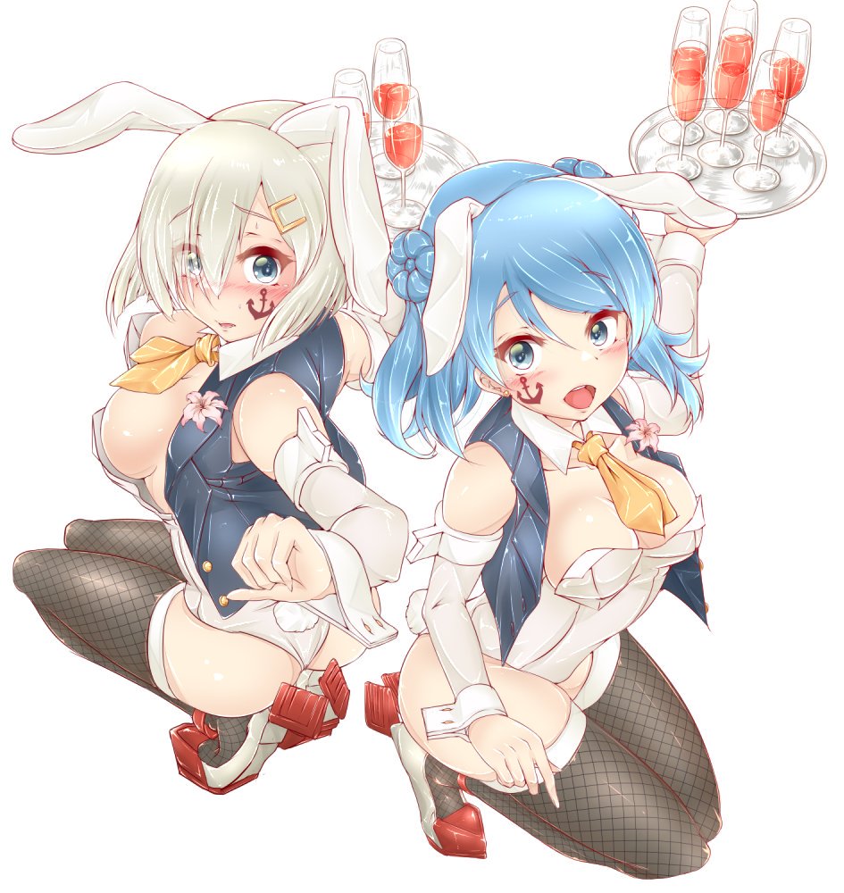 2girls animal_ears blue_eyes blue_hair double_bun drawing_nk fake_animal_ears fishnet_legwear fishnets glassware hamakaze_(kancolle) high_heels kantai_collection multiple_girls necktie playboy_bunny rabbit_ears rabbit_tail short_hair silver_hair sitting tail tattoo tray urakaze_(kancolle)