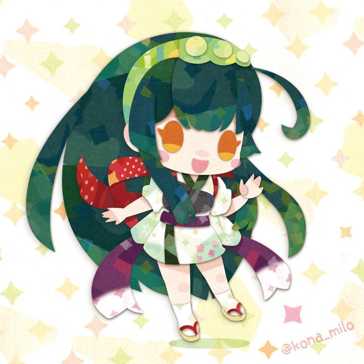 1girl arm_up brown_background brown_eyes full_body green_hair green_hairband green_kimono hairband japanese_clothes kikuchi_milo kimono long_hair looking_at_viewer red_ribbon ribbon sandals simple_background solo star_(symbol) tabi touhoku_zunko voiceroid zouri