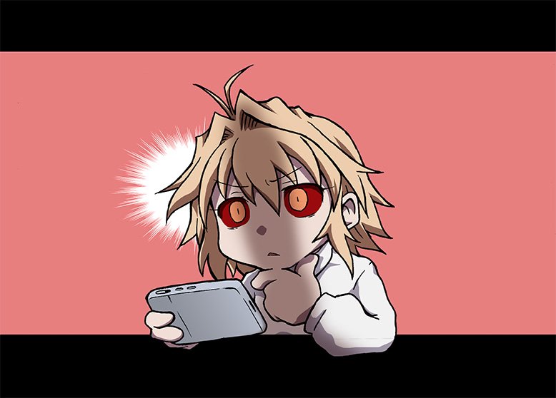 ahoge arcueid_brunestud blonde_hair cellphone chibi colored_sclera hand_on_own_chin holding holding_phone melty_blood phone red_arcueid red_background red_sclera short_hair smartphone spiked_hair surprised sweater tententensan thinking tsukihime turtleneck turtleneck_sweater upper_body white_sweater yellow_eyes