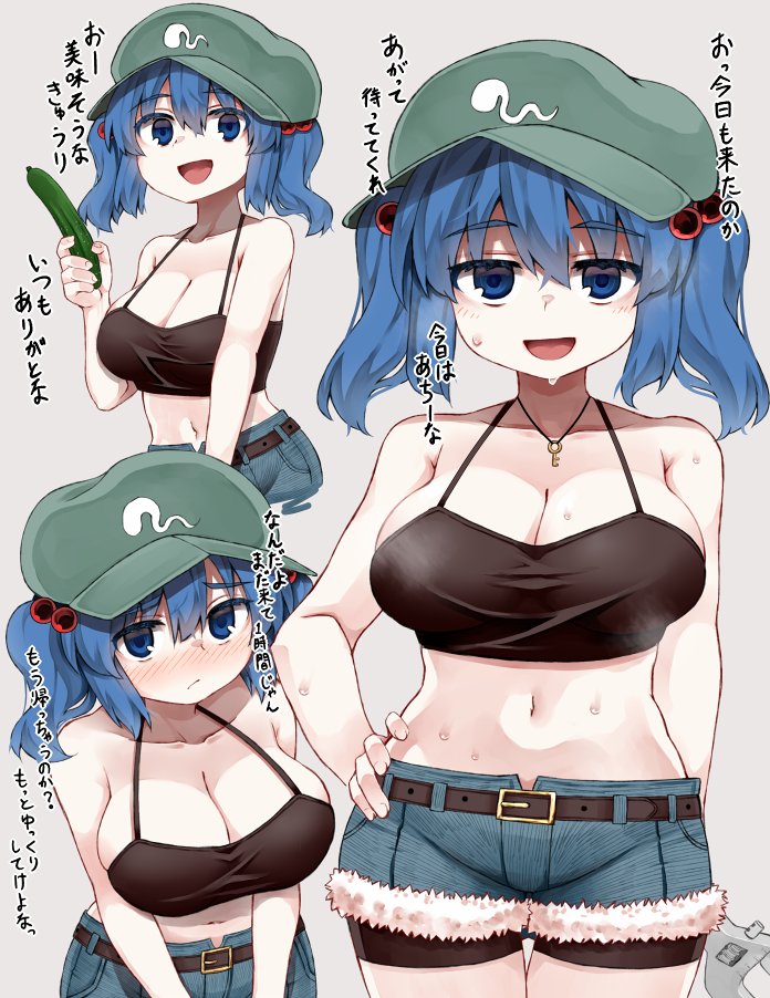 1girl belt black_shirt blue_eyes blue_hair blush breasts brown_belt commentary_request cucumber denim green_hat hair_bobbles hair_ornament hand_on_own_hip hat holding holding_wrench jeans kawashiro_nitori key large_breasts looking_at_viewer navel open_mouth pants shirt short_hair smile solo sweat sweatdrop touhou translation_request twintails two_side_up white_background wrench zetsumame