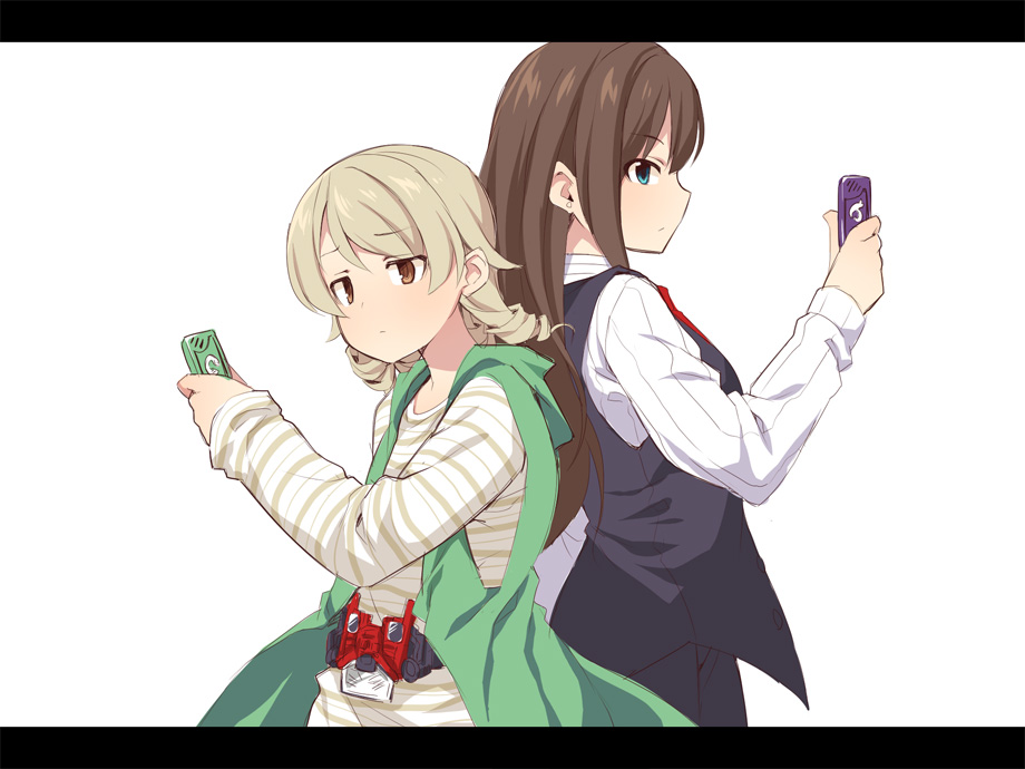 2girls bad_id bad_pixiv_id black_pants black_vest blue_eyes brown_eyes brown_hair closed_mouth cosplay gaia_memory green_jacket hidari_shoutarou hidari_shoutarou_(cosplay) holding hood hood_down hooded_jacket idolmaster idolmaster_cinderella_girls jacket kamen_rider kamen_rider_w letterboxed long_hair morikubo_nono multiple_girls open_clothes open_jacket pants philip_(kamen_rider) philip_(kamen_rider)_(cosplay) profile rider_belt ringlets shibuya_rin shirt simple_background sleeveless sleeveless_jacket striped_clothes striped_shirt uccow very_long_hair vest white_background white_shirt