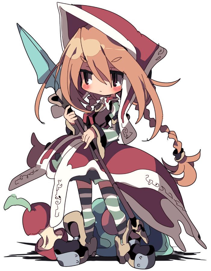 1girl blonde_hair blush bonnet bow braid closed_mouth coat cordelia_(saga) dangomushi dress long_hair long_sleeves monster polearm puffy_sleeves saga saga_frontier_2 simple_background skirt solo striped_clothes striped_thighhighs thighhighs twin_braids underwear weapon white_background