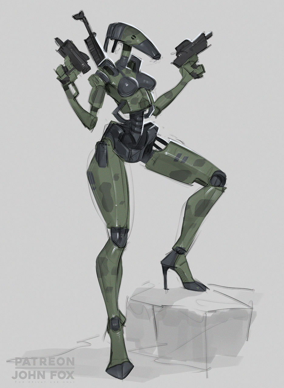 1girl b1_battle_droid black_eyes breasts colored_skin commentary dual_wielding english_commentary fewer_digits genderswap genderswap_(otf) green_skin gun high_heels highres holding hooves john_fox joints leg_lift mechabare medium_breasts metal_skin robot robot_girl robot_joints rock solo star_wars star_wars:_the_clone_wars thighs weapon