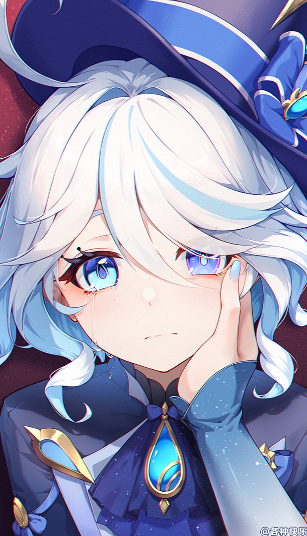 blue_brooch blue_dress blue_eyes blue_gemstone blue_hair blue_headwear cowlick crying crying_with_eyes_open dress drop-shaped_pupils furina_(genshin_impact) ge_zhong_kuaile gem genshin_impact hand_on_another&#039;s_cheek hand_on_another&#039;s_face hat heterochromia light_blue_hair mismatched_pupils red_background symbol-shaped_pupils tears top_hat