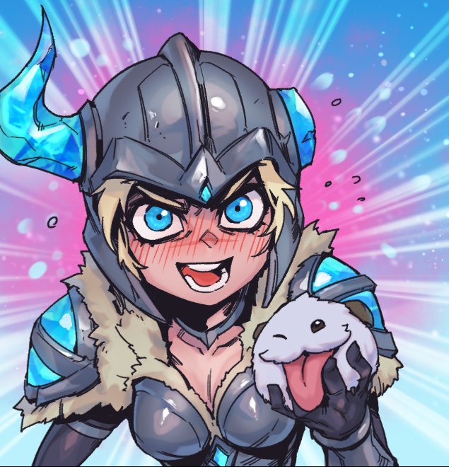 1girl :d animal armor black_gloves blonde_hair blue_background blue_eyes blush breasts broken_horn cleavage collarbone fur-trimmed_armor fur_trim gloves hand_up helmet holding holding_animal horns league_of_legends looking_at_viewer medium_breasts open_mouth phantom_ix_row pink_background poro_(league_of_legends) sejuani short_hair smile teeth tongue tongue_out upper_body