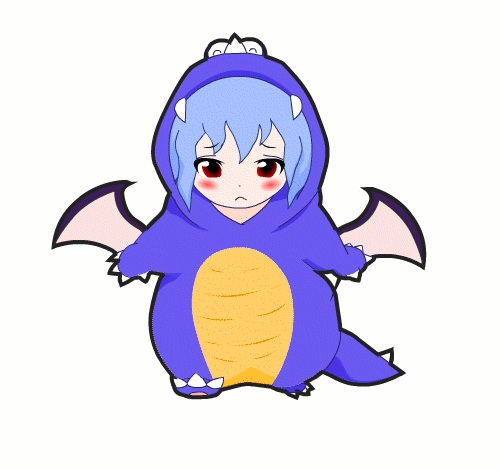1girl :&lt; animated animated_gif blue_hair blush costume crossover female_focus hamster_dance lowres mario_(series) nintendo parody re_ghotion red_eyes remilia_scarlet rex_(mario) simple_background solo super_mario_world touhou tyrannosaurus_rex wings