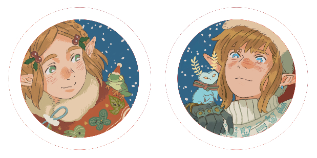 1boy 1girl alternate_costume amber389 animal animal_on_shoulder blonde_hair blue_eyes blue_ribbon blush border braid capelet christmas closed_mouth commentary creature_on_hand crown_braid earrings frog frog_on_shoulder fur-trimmed_capelet fur-trimmed_headwear fur_trim green_eyes hair_ornament hand_up hat holly_hair_ornament hoop_earrings jewelry leaf_print link mechanical_arms neck_ribbon nintendo nose_blush pointy_ears princess_zelda red_capelet red_hat ribbon round_border santa_hat short_hair simple_background smile snowing sweater symbol-only_commentary the_legend_of_zelda the_legend_of_zelda:_tears_of_the_kingdom thick_eyebrows turtleneck turtleneck_sweater upper_body white_background white_sweater
