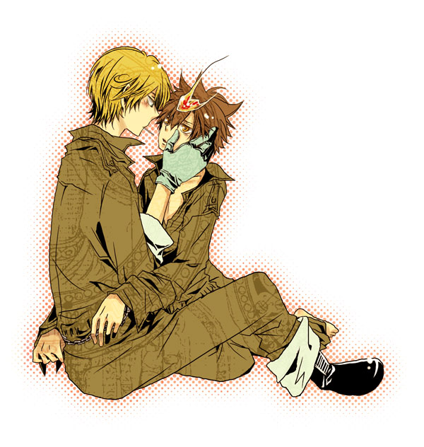 00s 2boys bdsm blonde_hair blush bondage bound brown_hair candy cuffs fire gloves handcuffs jumpsuit katekyo_hitman_reborn! lollipop male_focus multiple_boys sawada_tsunayoshi short_hair spanner_(reborn!) yaoi