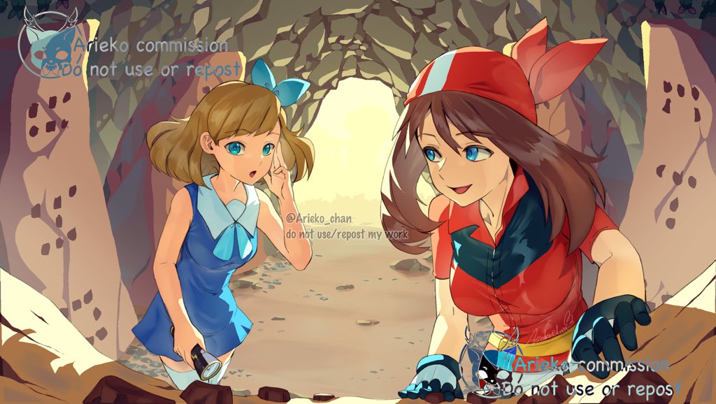 2girls ariekochan bandana blue_dress blue_eyes brown_hair cave commission cowboy_shot dress english_text flashlight holding holding_flashlight jacket may_(pokemon) molly_hale multiple_girls nintendo pokemon pokemon_(anime) pokemon_(classic_anime) pokemon_3:_the_movie_-_spell_of_the_unown:_entei pokemon_rse red_bandana red_jacket thighhighs twitter_username watermark white_thighhighs