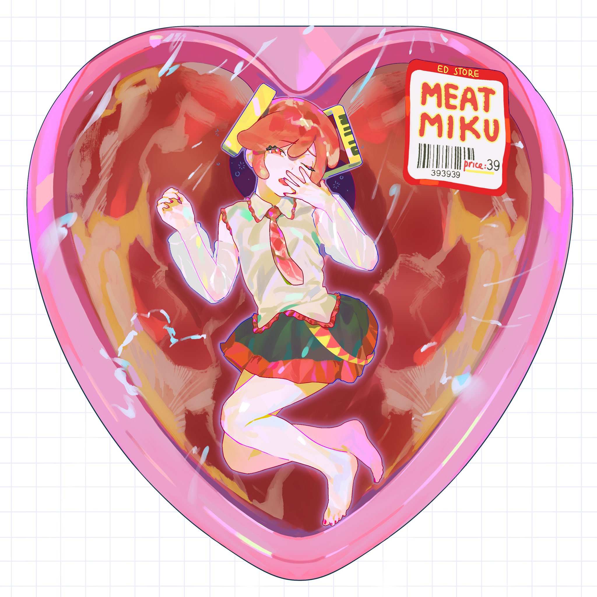 1girl barefoot collared_shirt covering_own_mouth detached_sleeves ed0401 english_text food food-themed_clothes food-themed_hair frilled_shirt frills grid_background hair_ornament hand_over_own_mouth hatsune_miku heart highres meat nail_polish necktie niku_miku_(nankai) one_eye_closed price_tag red_eyes red_nails see-through_clothes see-through_sleeves shirt skirt sleeveless sleeveless_shirt solo toenail_polish toenails twintails vocaloid
