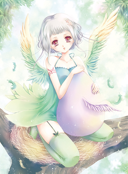 1girl bad_id bad_pixiv_id dress egg feathers female_focus green_thighhighs kurumi_yukiko looking_at_viewer nest original red_eyes short_hair solo thighhighs white_hair wings