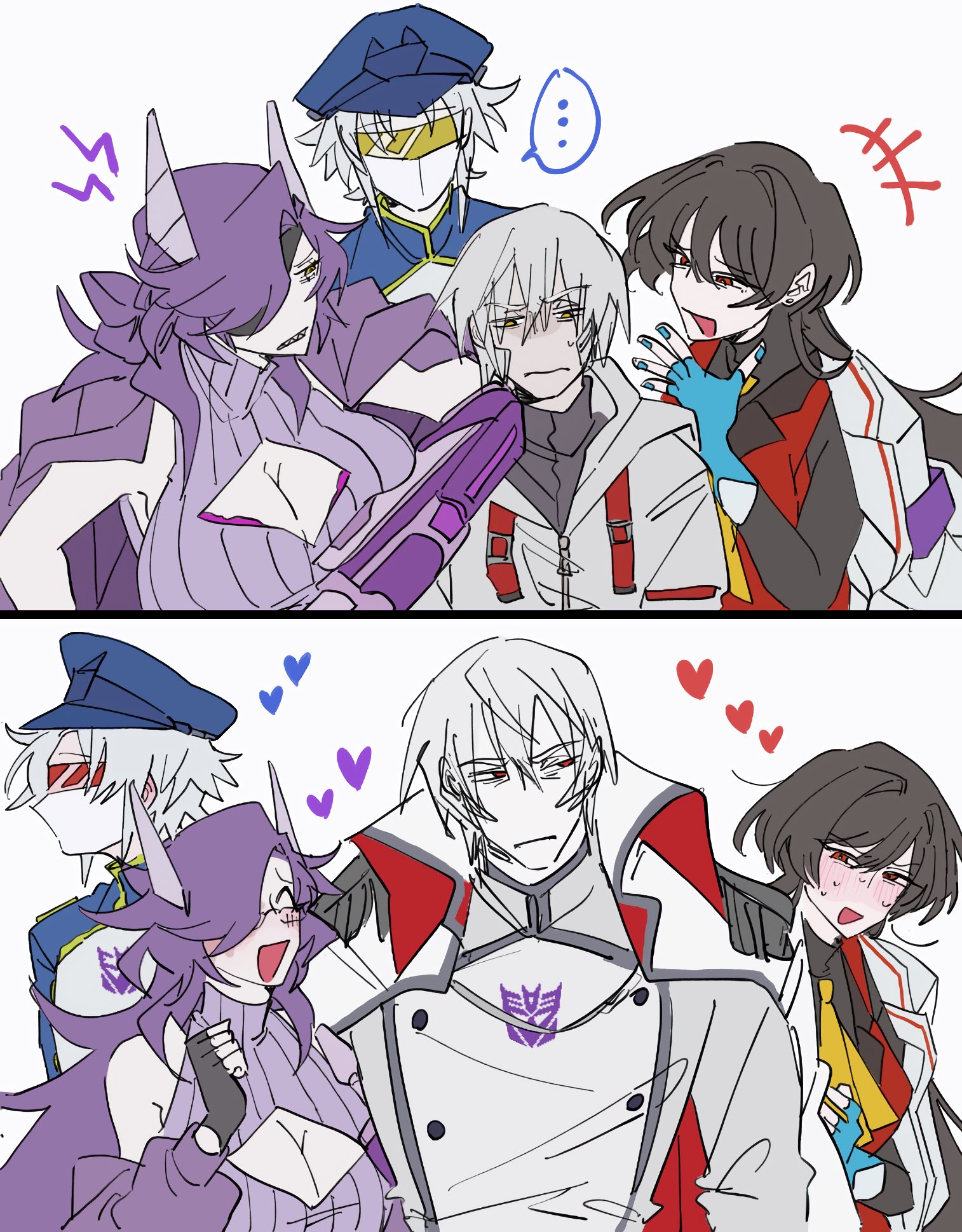 1boy 580aoi aged_up belt blush breasts decepticon genderswap genderswap_(mtf) glasses glowing glowing_eyes hat highres insignia looking_at_viewer megatron open_mouth red_eyes shockwave_(transformers) smile soundwave_(transformers) starscream transformers transformers_one