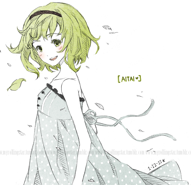 1girl aitai_(vocaloid) blush dress female_focus green_eyes green_hair gumi hairband joanna_(mojo!) leaf matching_hair/eyes open_mouth short_hair sketch smile solo sundress traditional_media vocaloid watermark