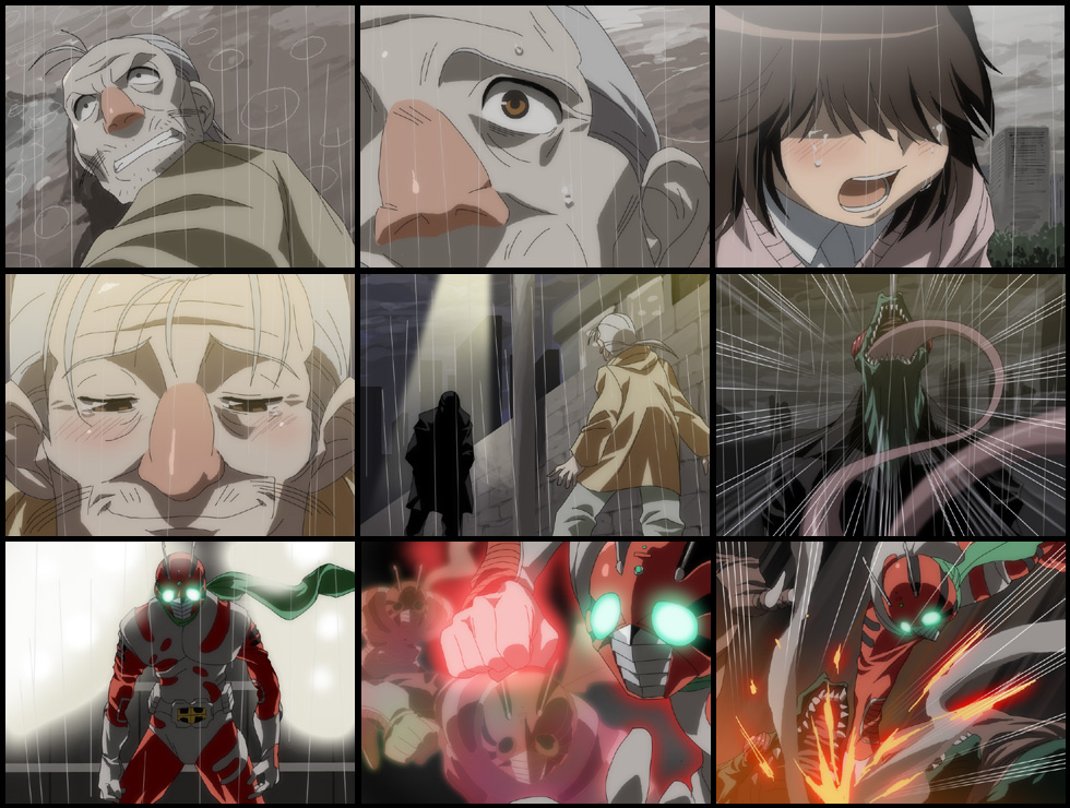 1girl 2boys afterimage anime_screenshot belt chameleon collage gloves glowing glowing_eyes kamen_rider kamen_rider_spirits kamen_rider_zx monster multiple_boys obui old old_man punching rain scarf